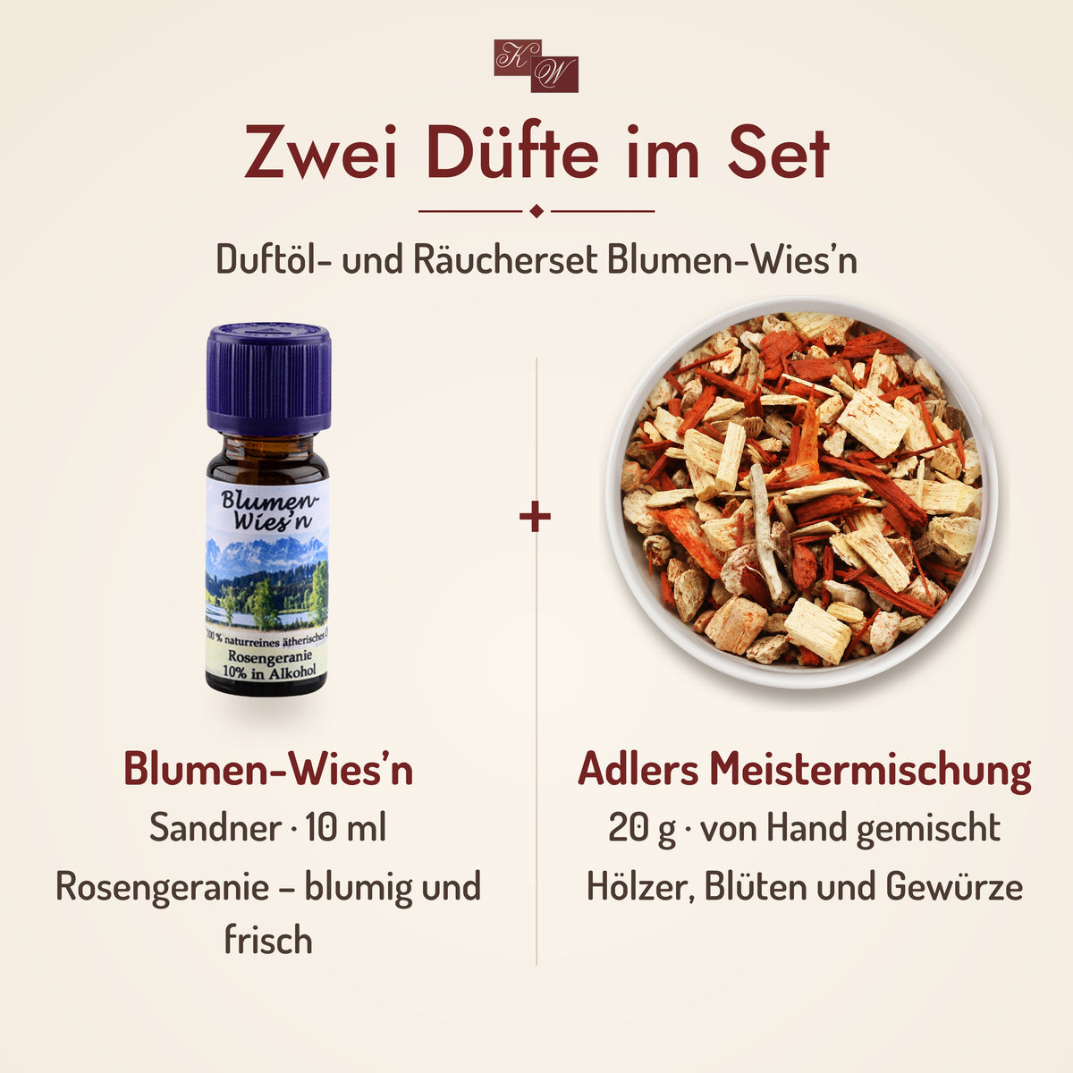 Duftöl- und Räucherset Blumen-Wies’n – zwei Düfte im Set: Blumen-Wies’n und Adlers Meistermischung