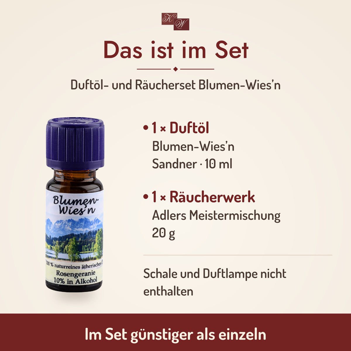 Duftöl- und Räucherset Blumen-Wies’n – Lieferumfang: Blumen-Wies’n 10 ml und Adlers Meistermischung 20 g