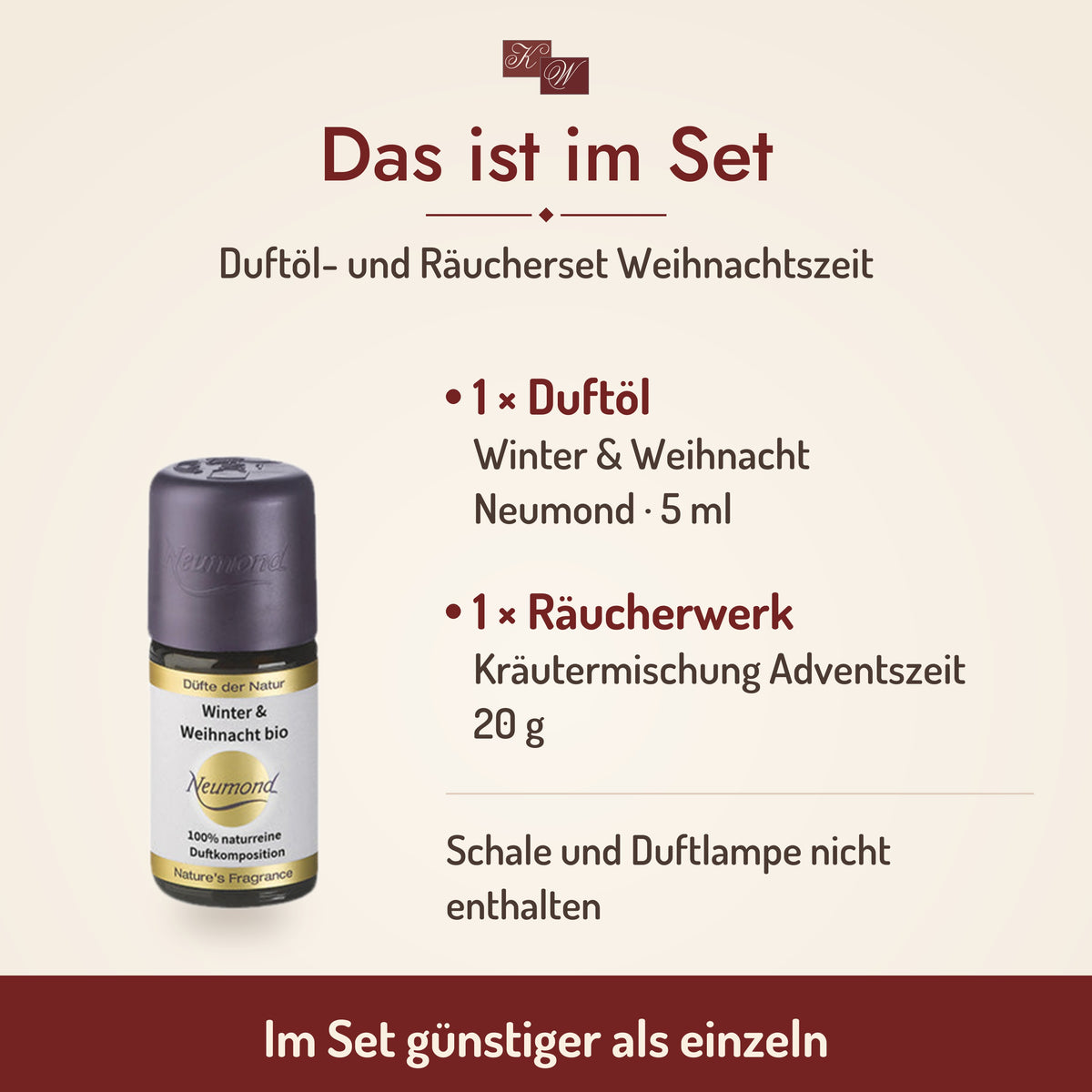 Duftöl- und Räucherset Weihnachtszeit – Lieferumfang: Winter & Weihnacht 5 ml und Kräutermischung Adventszeit 20 g