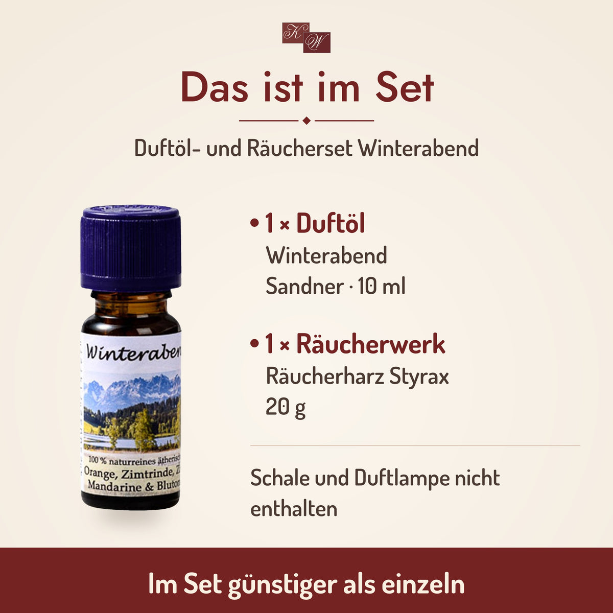 Duftöl- und Räucherset Winterabend – Lieferumfang: Winterabend 10 ml und Räucherharz Styrax 20 g