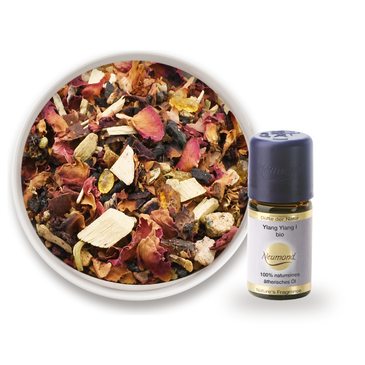 Duftöl- und Räucherset Ylang Ylang – Ylang Ylang I (5 ml) und Zauber des Orients in einer weißen Schale