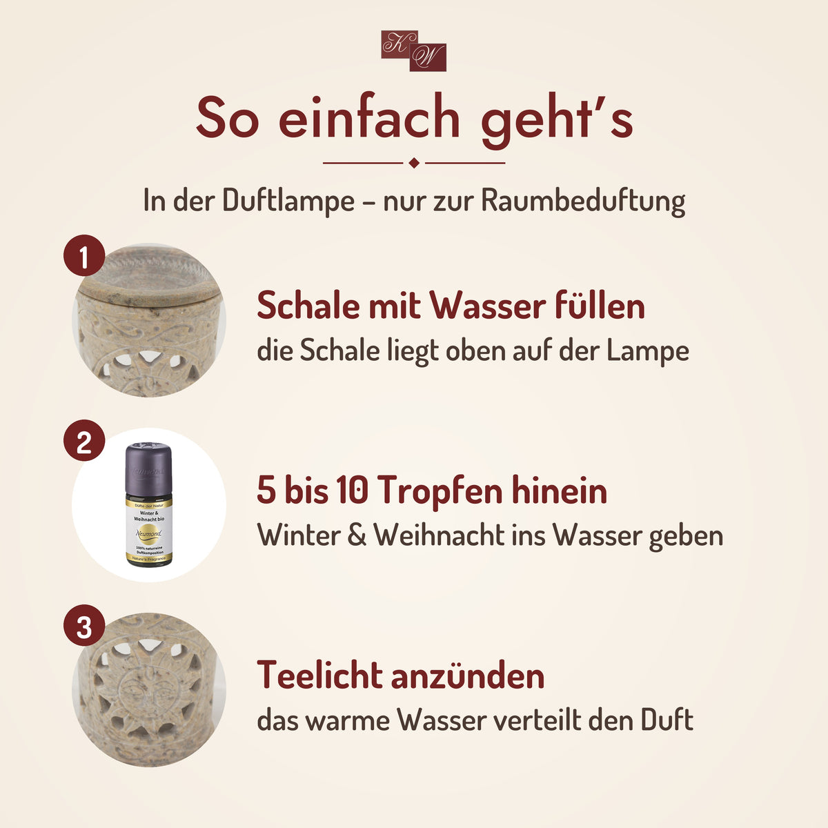 So geht’s: Winter & Weihnacht in der Duftlampe – Schale mit Wasser füllen, Öl hineintropfen, Teelicht anzünden