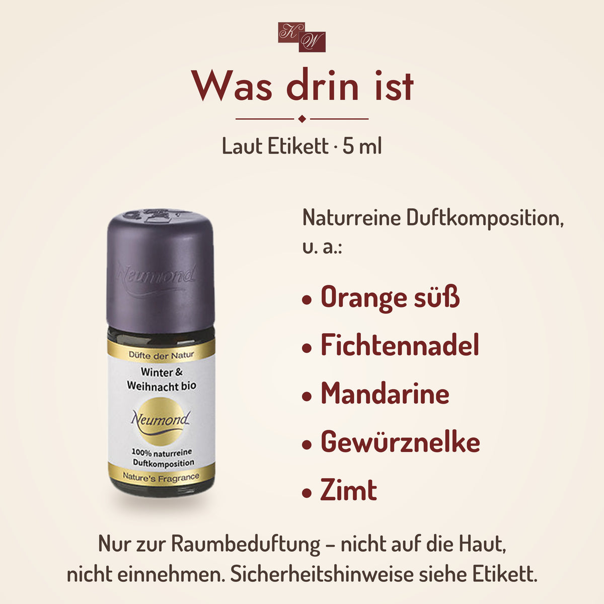 Was drin ist: Winter & Weihnacht laut Etikett – Orange süß, Fichtennadel, Mandarine, Gewürznelke, Zimt – nur zur Raumbeduftung