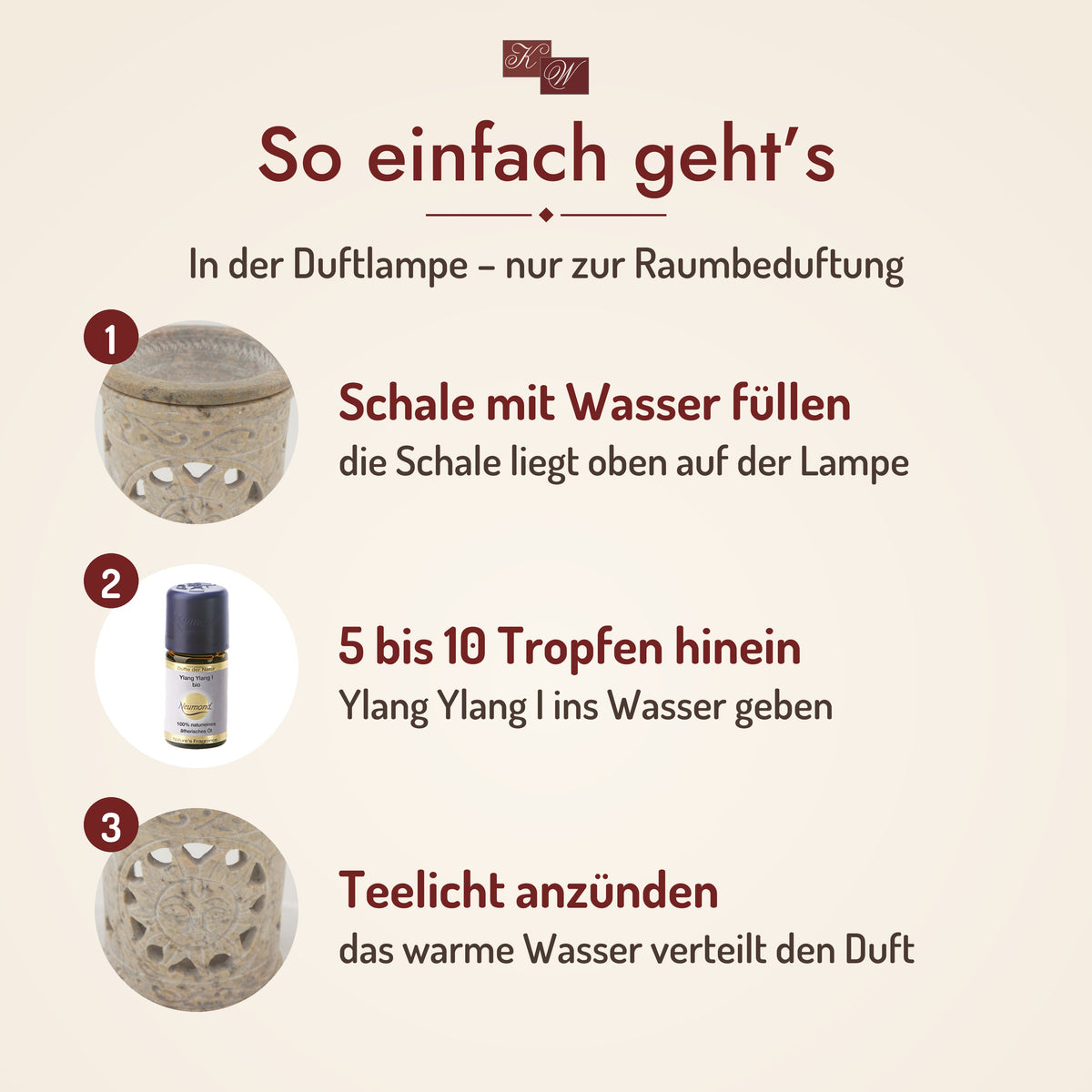 So geht’s: Ylang Ylang I in der Duftlampe – Schale mit Wasser füllen, Öl hineintropfen, Teelicht anzünden