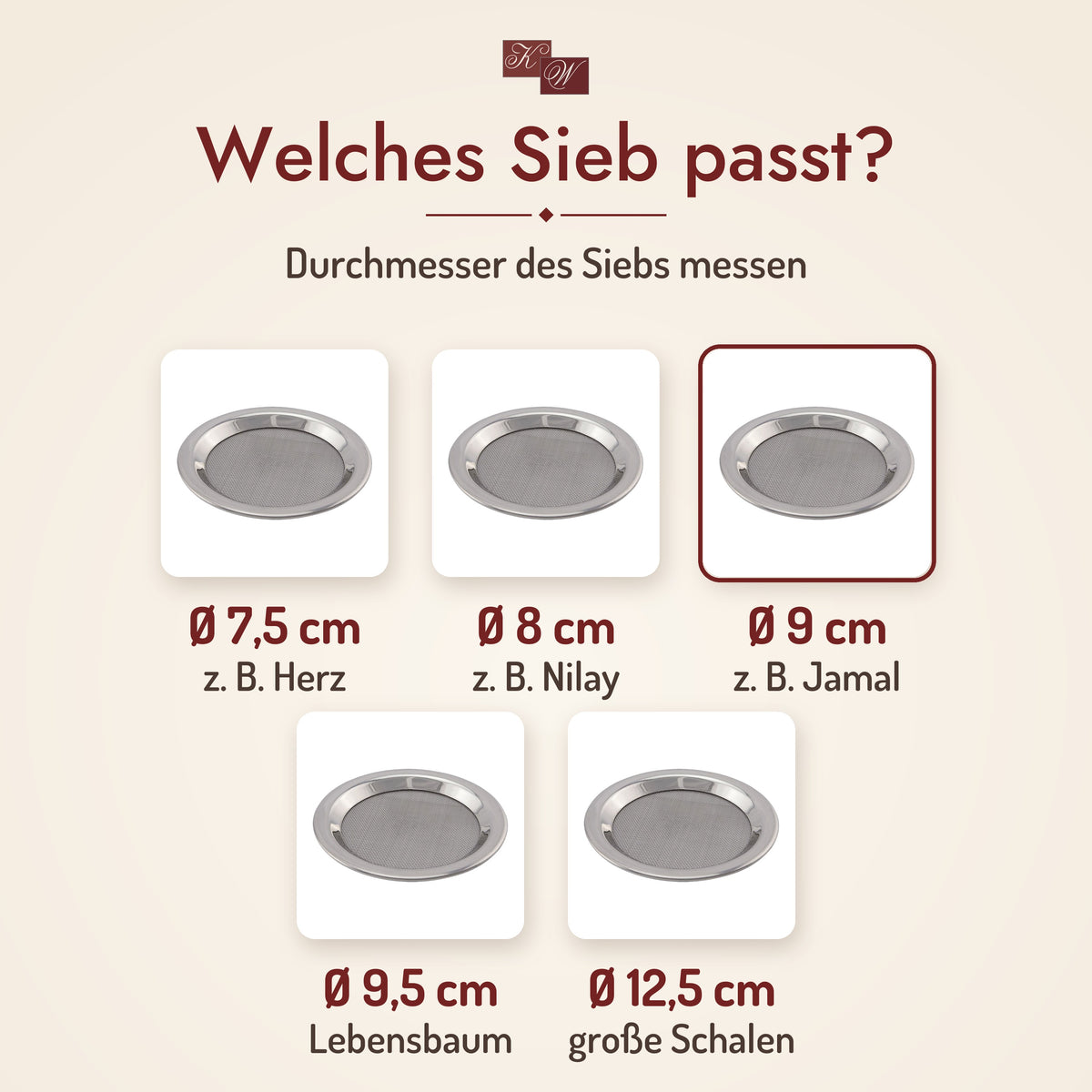 Edelstahlsieb Ø 9 cm – welches Sieb passt: Durchmesser 7,5 bis 12,5 cm