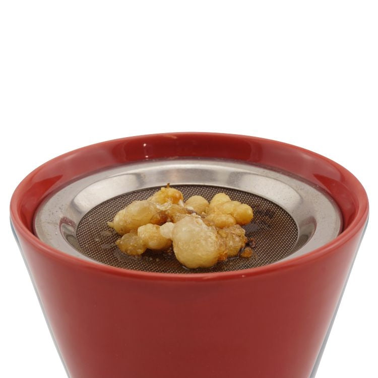 Geschenkset Räucherstövchen rot, mit Sieb, Weihrauch Oman Al-Hojari und Weihrauch Athos Rosen