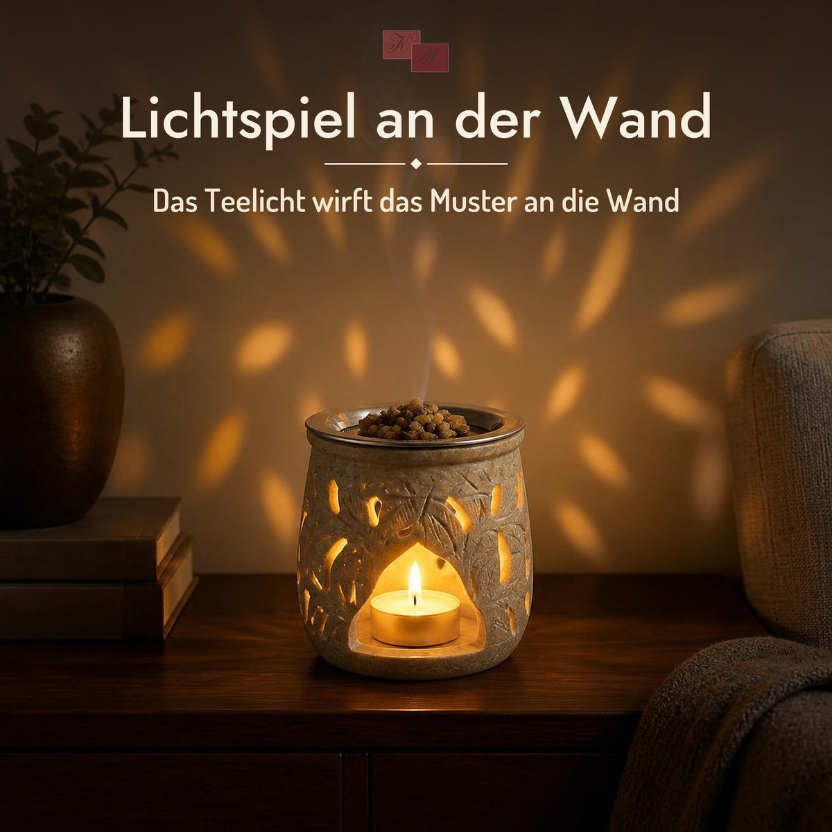 Räucherstövchen Amana – Lichtspiel: das Teelicht wirft das Muster an die Wand