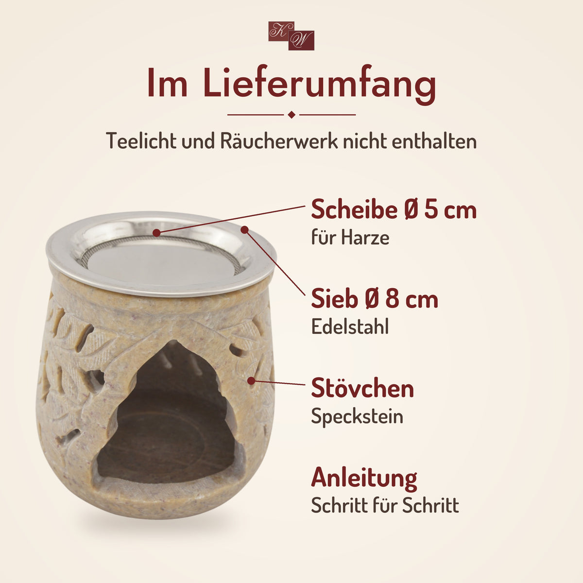 Räucherstövchen Amana – Lieferumfang: Stövchen, Edelstahlsieb Ø 8 cm, Metallscheibe Ø 5 cm, Räucheranleitung