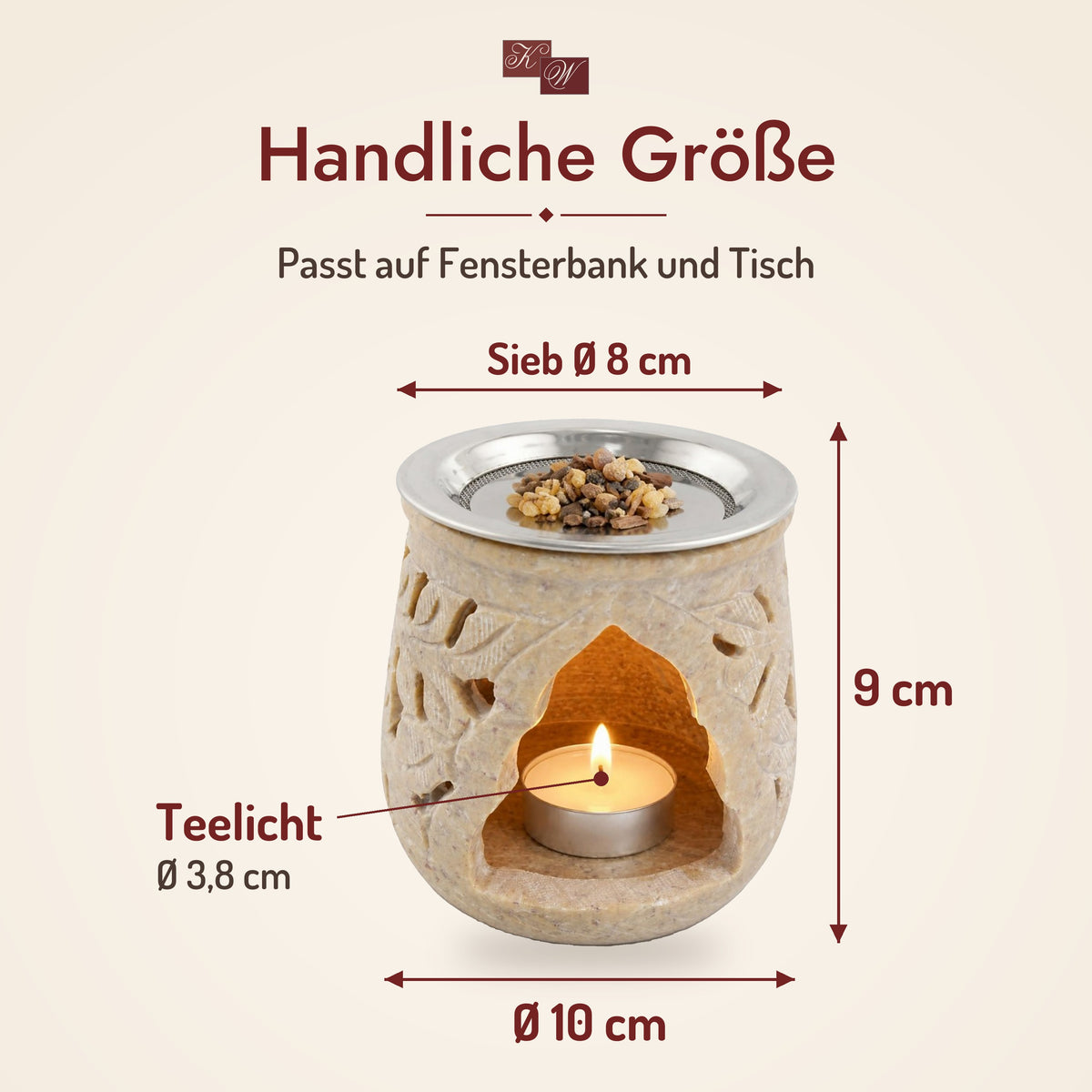 Räucherstövchen Amana – Maße: Höhe 9 cm, Ø 10 cm, Sieb Ø 8 cm