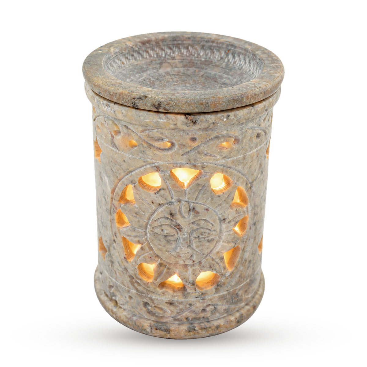 Duftlampe Sonne aus Speckstein mit Schale, Teelicht leuchtet durch Sonne und Sterne