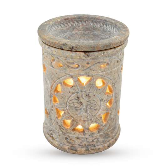 Duftlampe Sonne aus Speckstein mit Schale, Teelicht leuchtet durch Sonne und Sterne