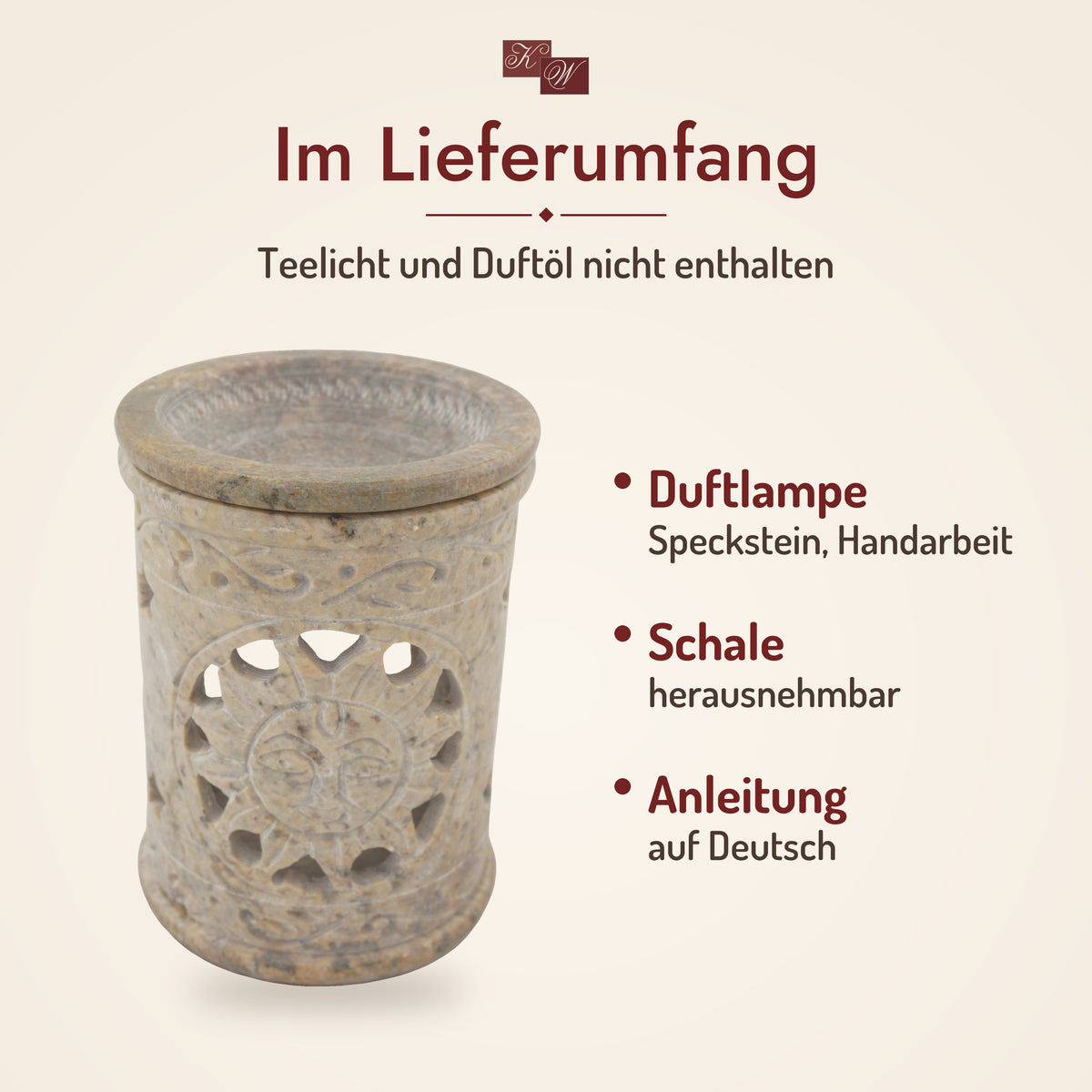 Duftlampe Sonne – Lieferumfang: Duftlampe, herausnehmbare Schale, Anleitung