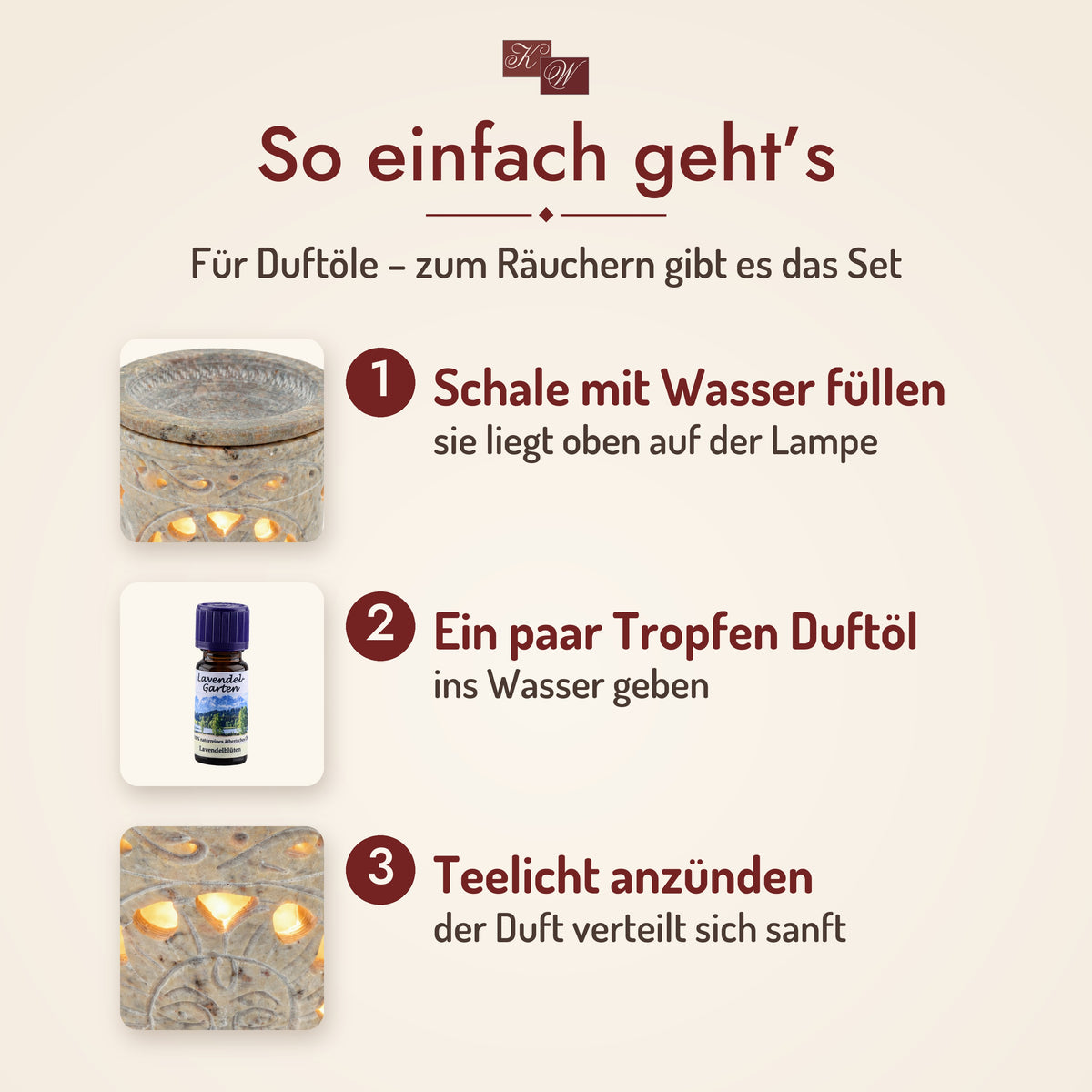 Duftlampe Sonne – so geht’s: Schale mit Wasser füllen, Duftöl hineintropfen, Teelicht anzünden