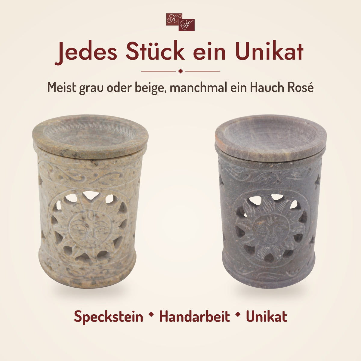 Duftlampe Sonne – jedes Stück ein Unikat: Speckstein meist grau oder beige, manchmal mit einem Hauch Rosé