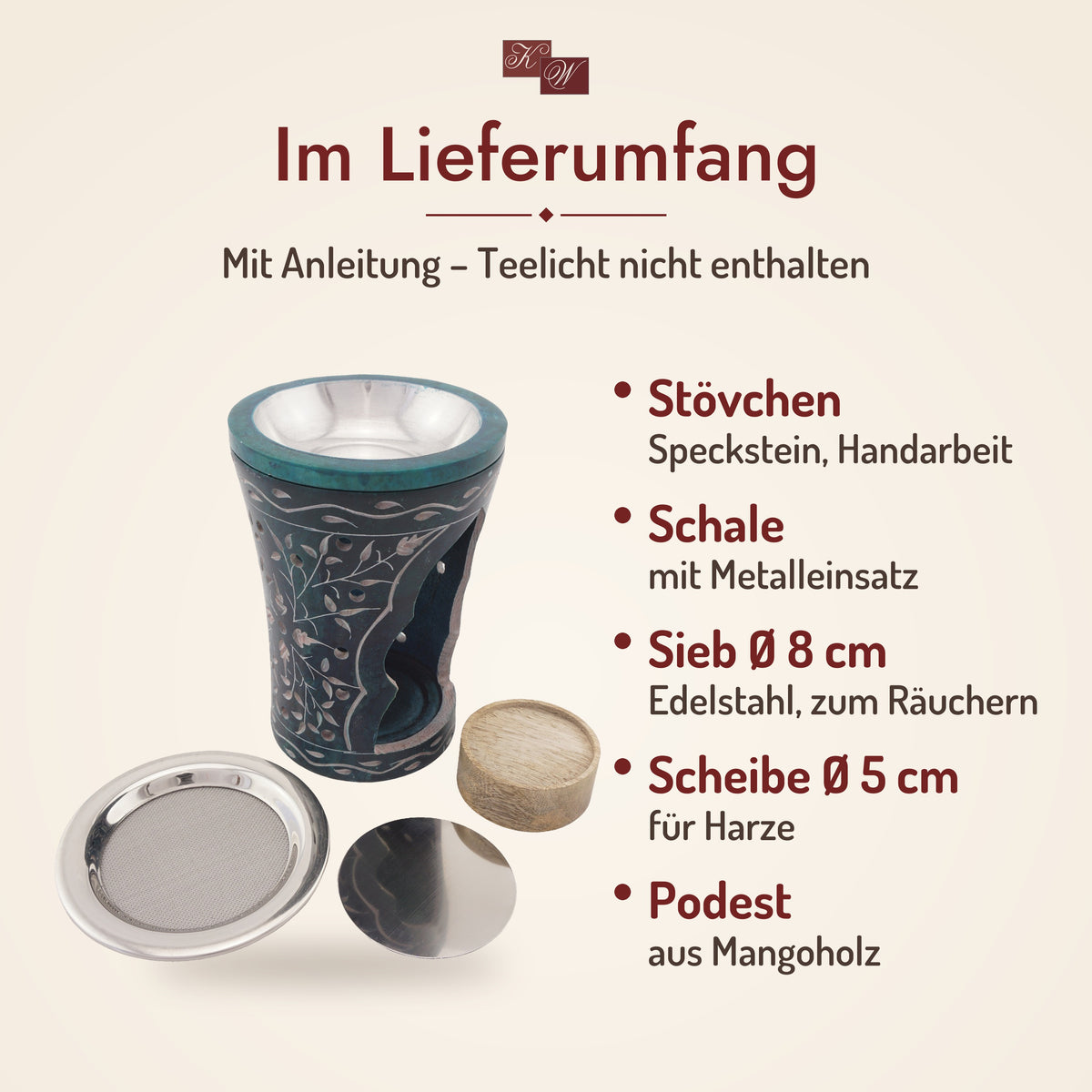 Duftlampe und Räucherstövchen Nana – Lieferumfang: Stövchen, Schale mit Metalleinsatz, Edelstahlsieb, Metallscheibe, Podest aus Mangoholz, Anleitung