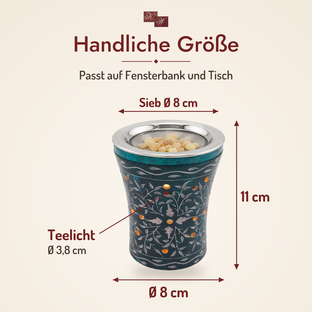 Duftlampe und Räucherstövchen Nana – Maße: Höhe 11 cm, Ø 8 cm, Sieb Ø 8 cm