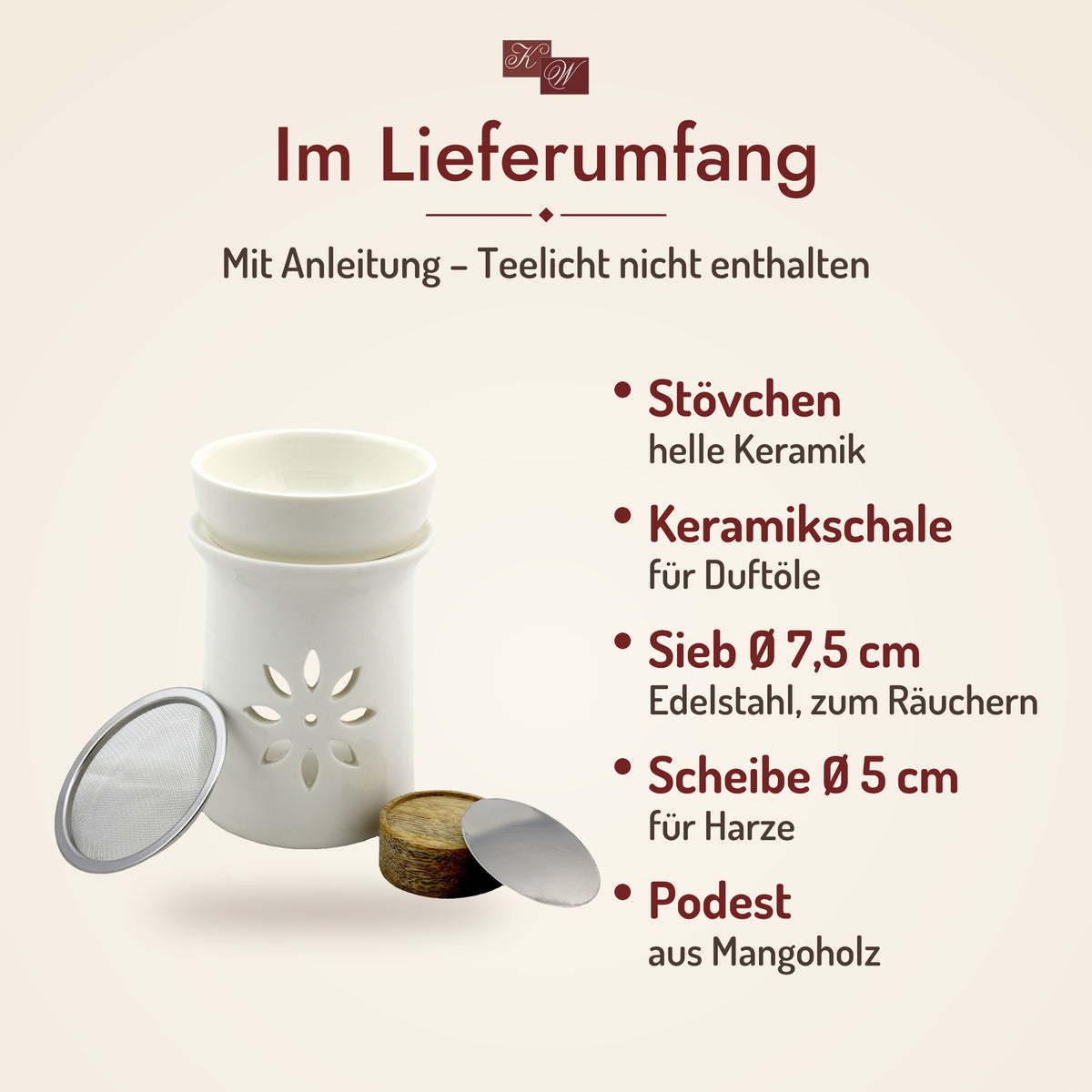 Duftlampe und Räucherstövchen Sternenblume – Lieferumfang: Stövchen, Schale für Duftöle, Edelstahlsieb, Metallscheibe, Podest aus Mangoholz, Anleitung