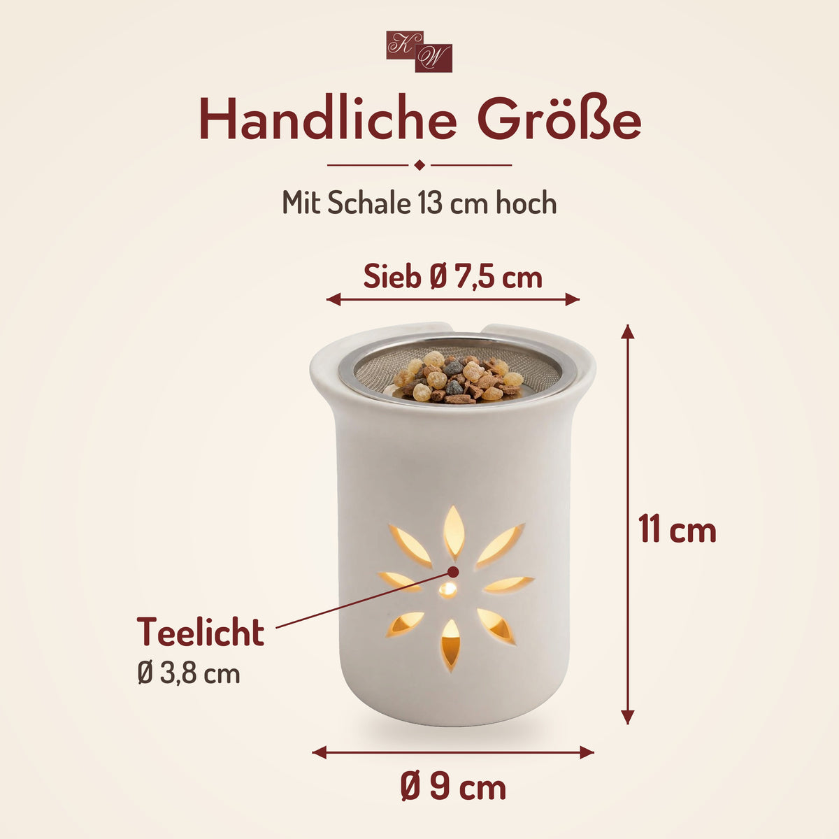Duftlampe und Räucherstövchen Sternenblume – Maße: Höhe 11 cm, mit Schale 13 cm, Ø 9 cm, Sieb Ø 7,5 cm