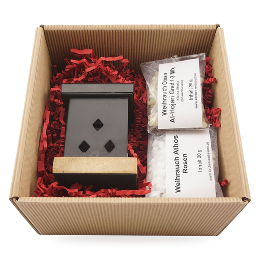 Geschenkset Arian: Räucherstövchen aus Metall auf Holzsockel mit zwei Sorten Weihrauch in der Geschenkbox