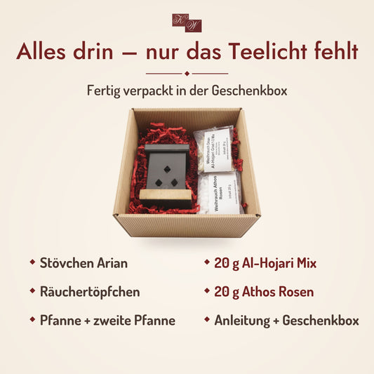 Lieferumfang Geschenkset Arian: Räucherstövchen Arian, Weihrauch Al-Hojari Mix und Weihrauch Athos Rosen, Räucheranleitung und Geschenkbox