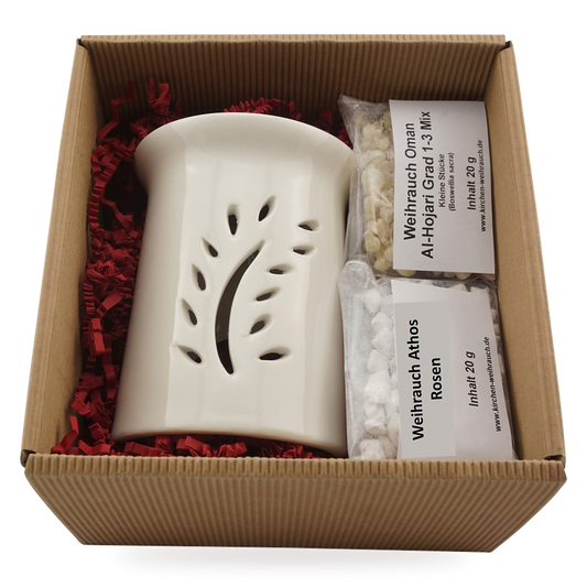Geschenkset Friedenszweig: Räucherstövchen aus Keramik mit zwei Sorten Weihrauch in der Geschenkbox