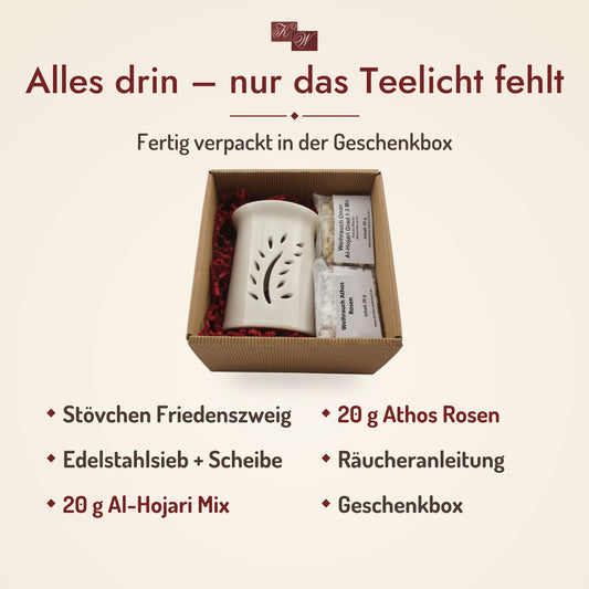 Lieferumfang Geschenkset Friedenszweig: Räucherstövchen Friedenszweig, Weihrauch Al-Hojari Mix und Weihrauch Athos Rosen, Räucheranleitung und Geschenkbox