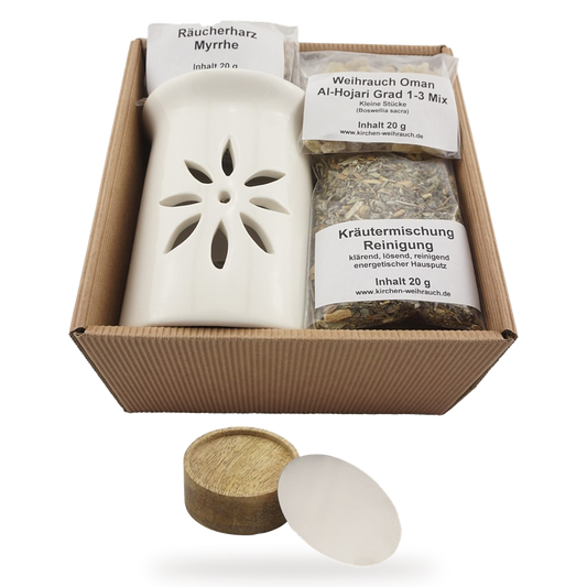 Geschenkset Hausreinigung: Räucherstövchen Sternenblume mit Räucherwerk in der Geschenkbox, davor Podest und Metallscheibe