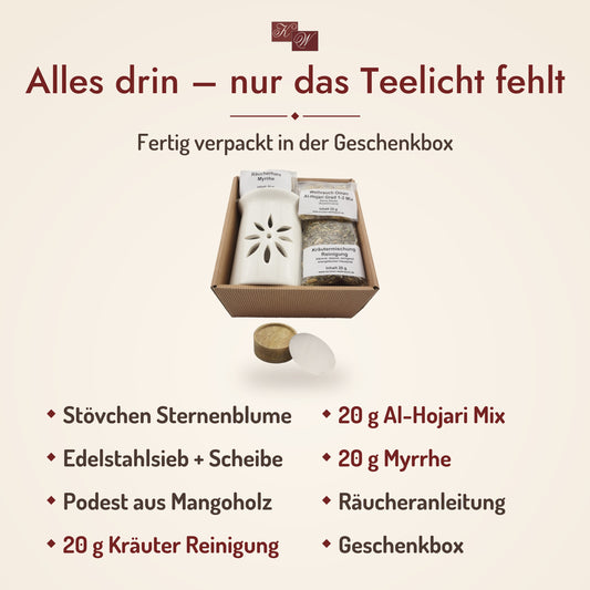 Lieferumfang Geschenkset Hausreinigung: Räucherstövchen Sternenblume, Kräutermischung Reinigung, Weihrauch Al-Hojari Mix und Myrrhe, Räucheranleitung und Geschenkbox