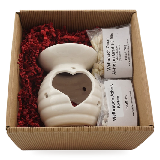 Geschenkset Herz: Räucherstövchen aus weißer Keramik mit zwei Sorten Weihrauch in der Geschenkbox