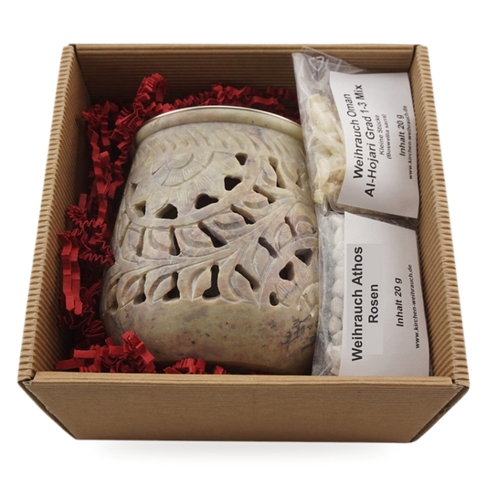 Geschenkset Jamal: Räucherstövchen aus Speckstein mit zwei Sorten Weihrauch in der Geschenkbox