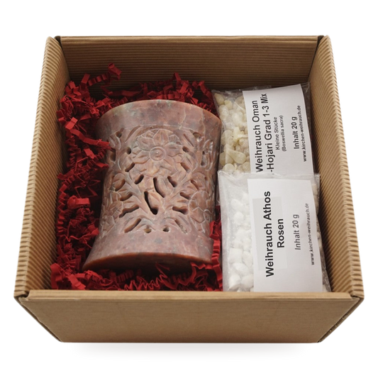 Geschenkset Nilay: Räucherstövchen aus Speckstein mit zwei Sorten Weihrauch in der Geschenkbox