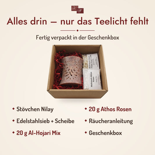 Lieferumfang Geschenkset Nilay: Räucherstövchen Nilay, Weihrauch Al-Hojari Mix und Weihrauch Athos Rosen, Räucheranleitung und Geschenkbox