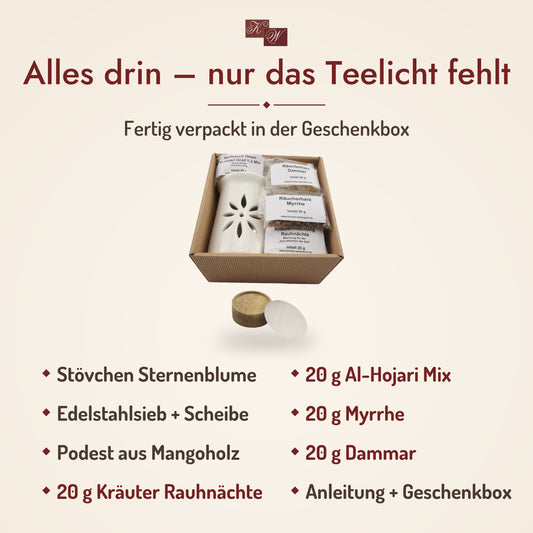 Lieferumfang Geschenkset Rauhnächte: Räucherstövchen Sternenblume, Kräutermischung Rauhnächte, Weihrauch Al-Hojari Mix, Myrrhe und Dammar, Räucheranleitung und Geschenkbox