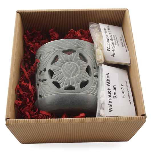 Geschenkset Shiva: Räucherstövchen aus grauem Speckstein mit zwei Sorten Weihrauch in der Geschenkbox