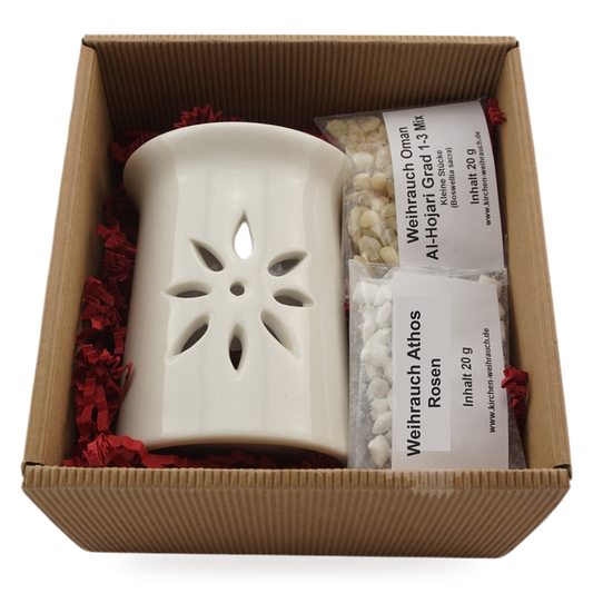 Geschenkset Sternenblume: Räucherstövchen aus Keramik mit zwei Sorten Weihrauch in der Geschenkbox