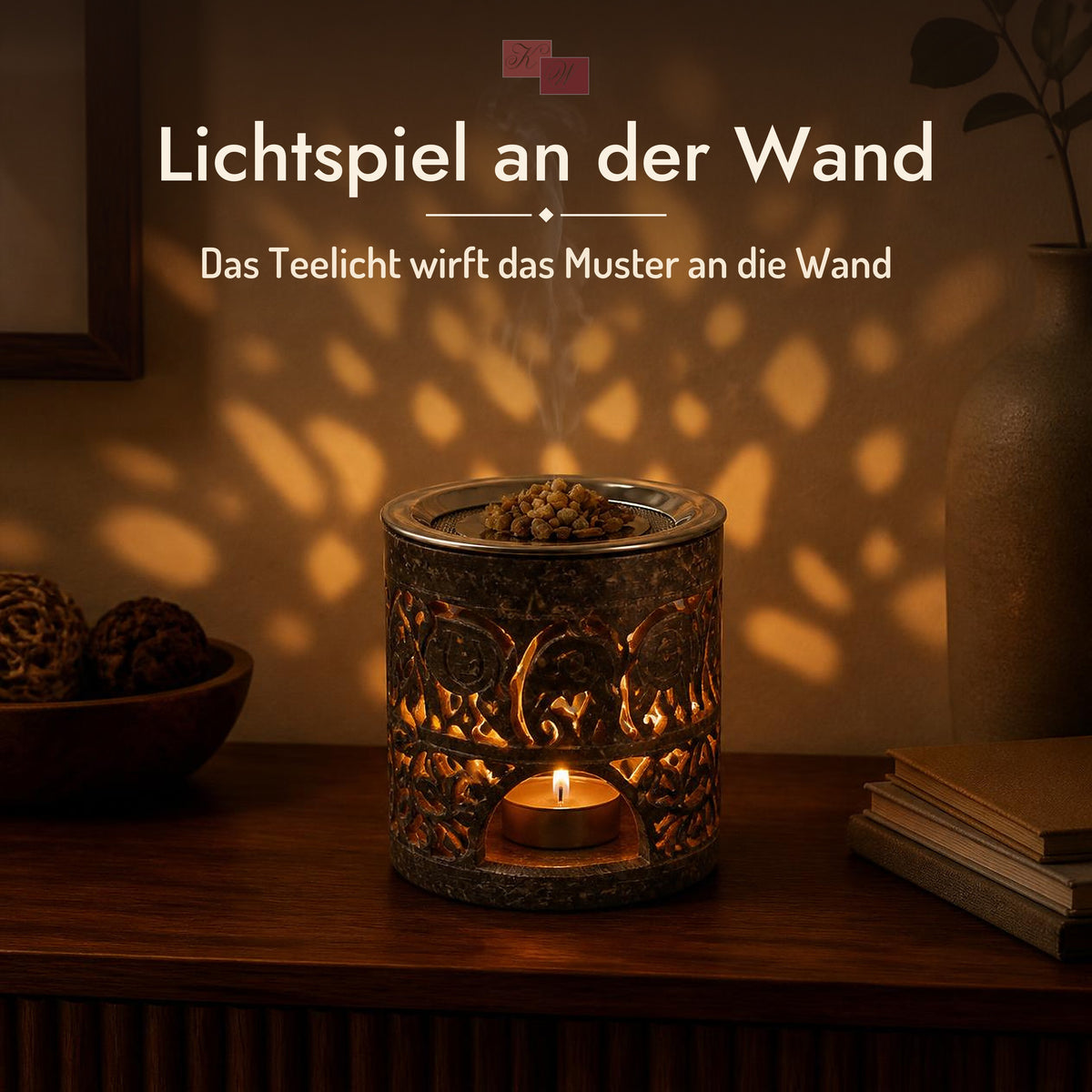 Räucherstövchen Hati – Lichtspiel: das Teelicht wirft das Muster an die Wand