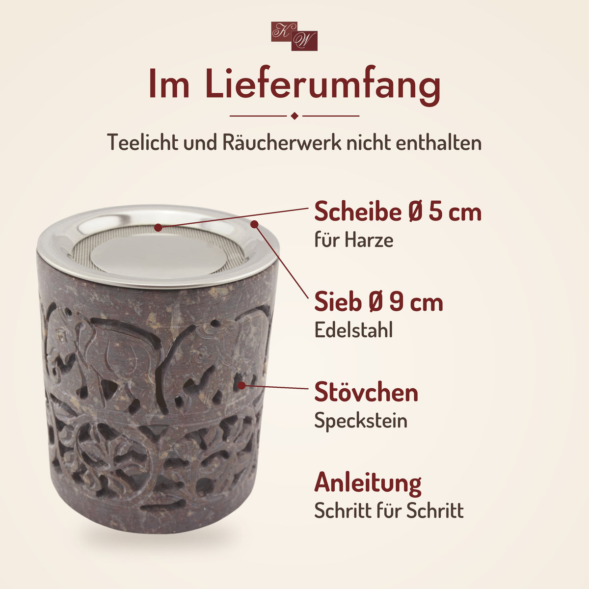 Räucherstövchen Hati – Lieferumfang: Stövchen, Edelstahlsieb Ø 9 cm, Metallscheibe Ø 5 cm, Räucheranleitung