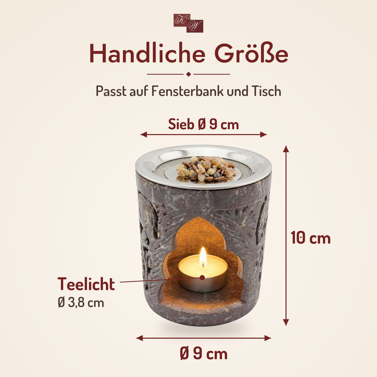 Räucherstövchen Hati – Maße: Höhe 10 cm, Ø 9 cm, Sieb Ø 9 cm
