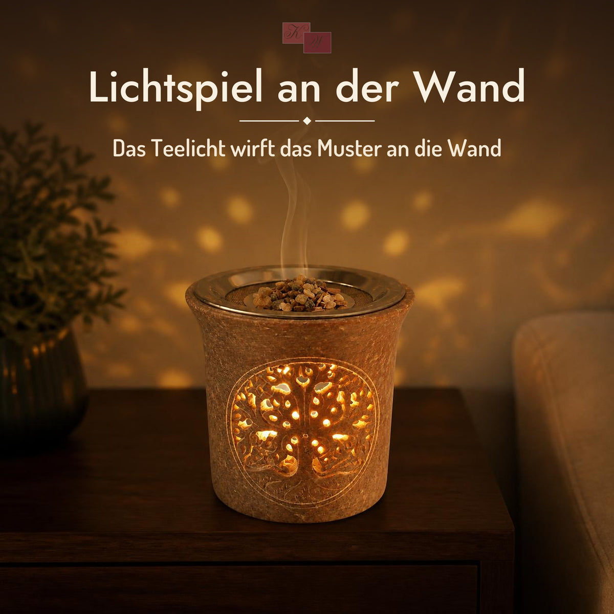 Räucherstövchen Lebensbaum – Lichtspiel: das Teelicht wirft das Muster an die Wand