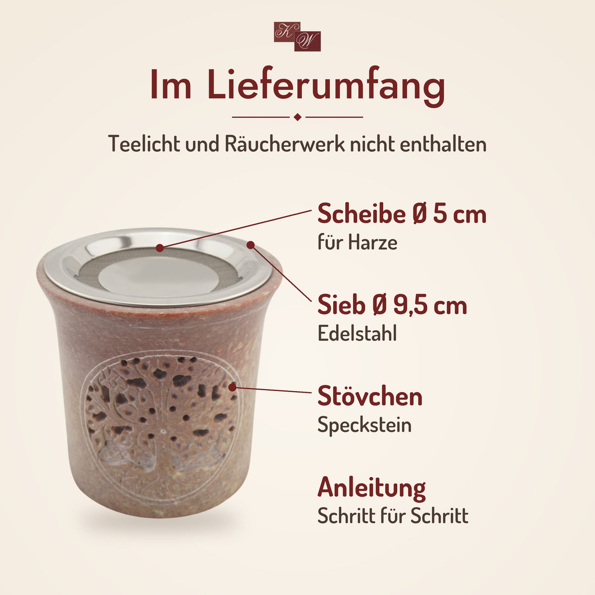 Räucherstövchen Lebensbaum – Lieferumfang: Stövchen, Edelstahlsieb Ø 9,5 cm, Metallscheibe Ø 5 cm, Räucheranleitung