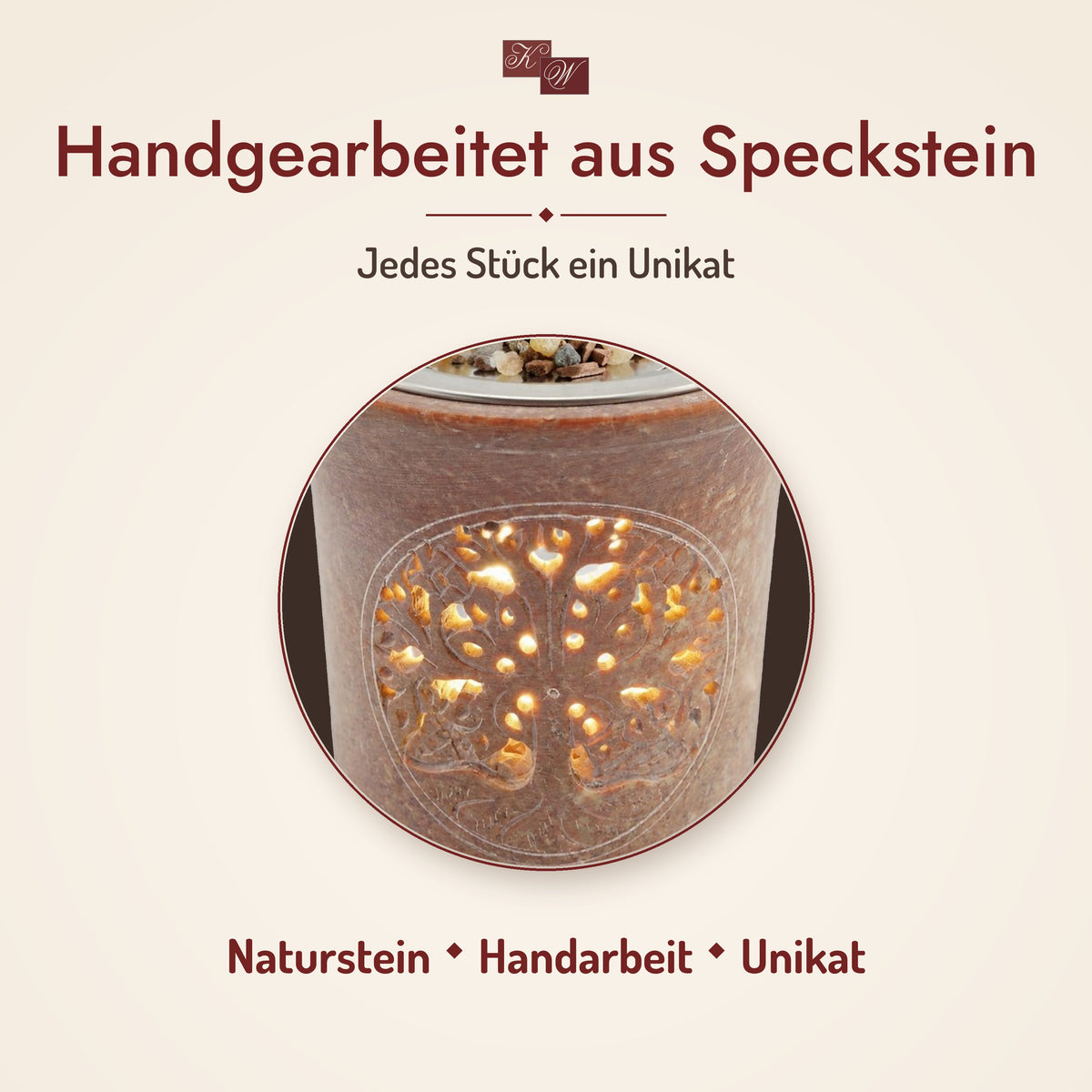 Räucherstövchen Lebensbaum – handgearbeitet aus Speckstein, Nahaufnahme