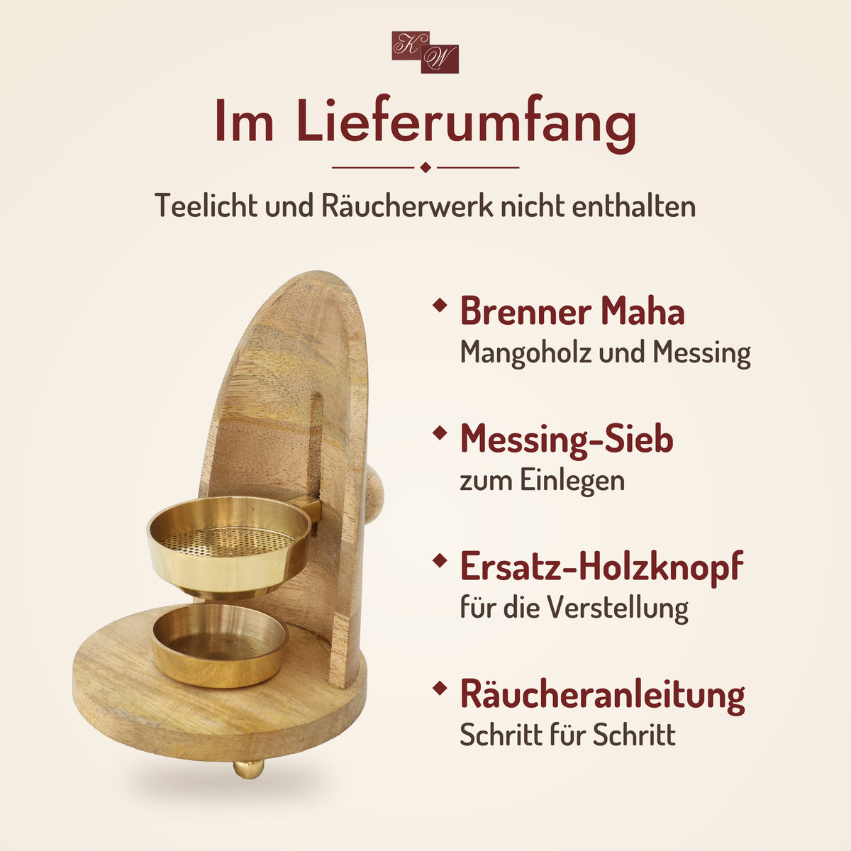 Weihrauchbrenner Maha – Lieferumfang: Brenner, Messing-Einlegesieb, Ersatz-Holzknopf, Räucheranleitung