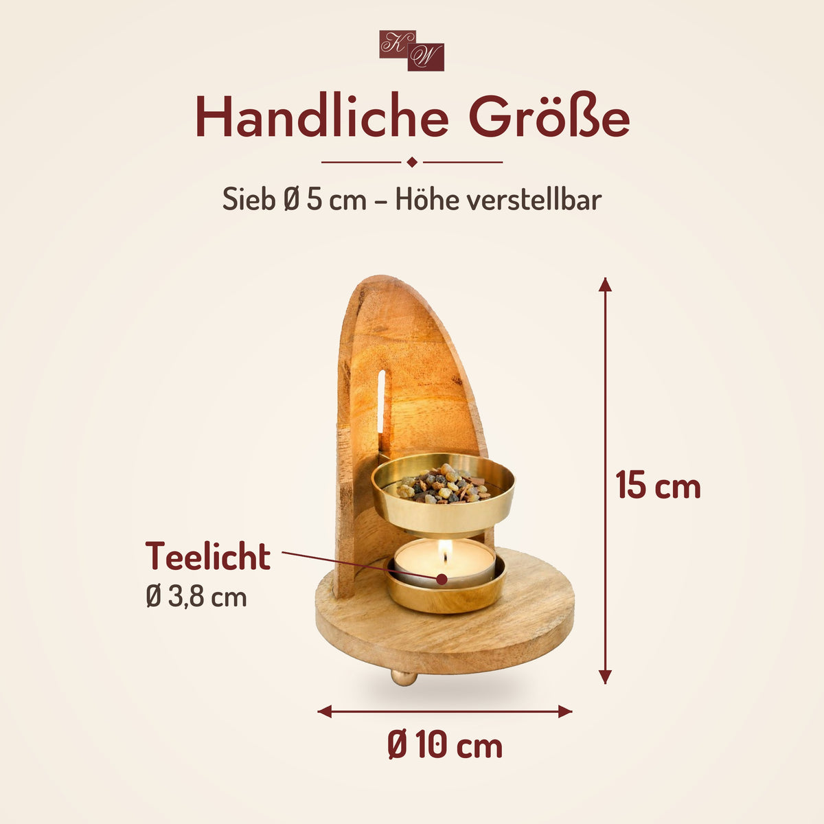 Weihrauchbrenner Maha – Maße: Höhe 15 cm, Ø 10 cm, Sieb Ø 5 cm