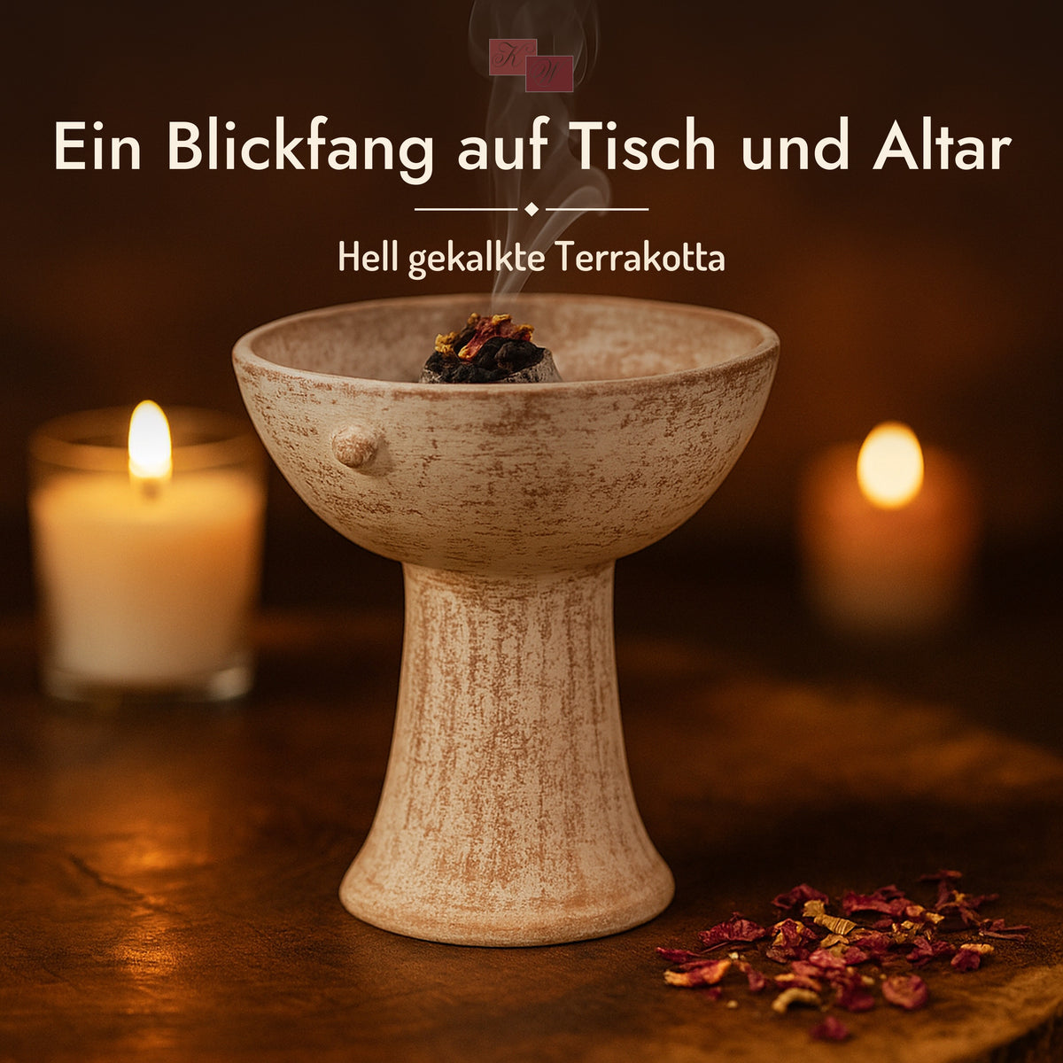 Räucherkelch Medan aus Terrakotta – Stimmungsbild am Abend mit Kerze