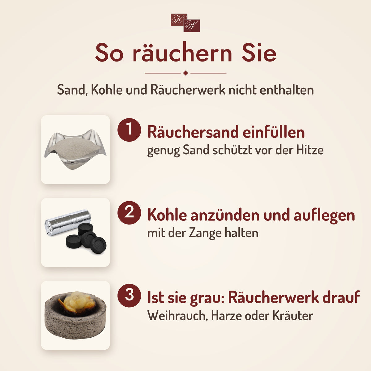 Räucherkelch Medan aus Terrakotta – so räuchern Sie: Räuchersand einfüllen, Kohle auflegen, Räucherwerk drauf