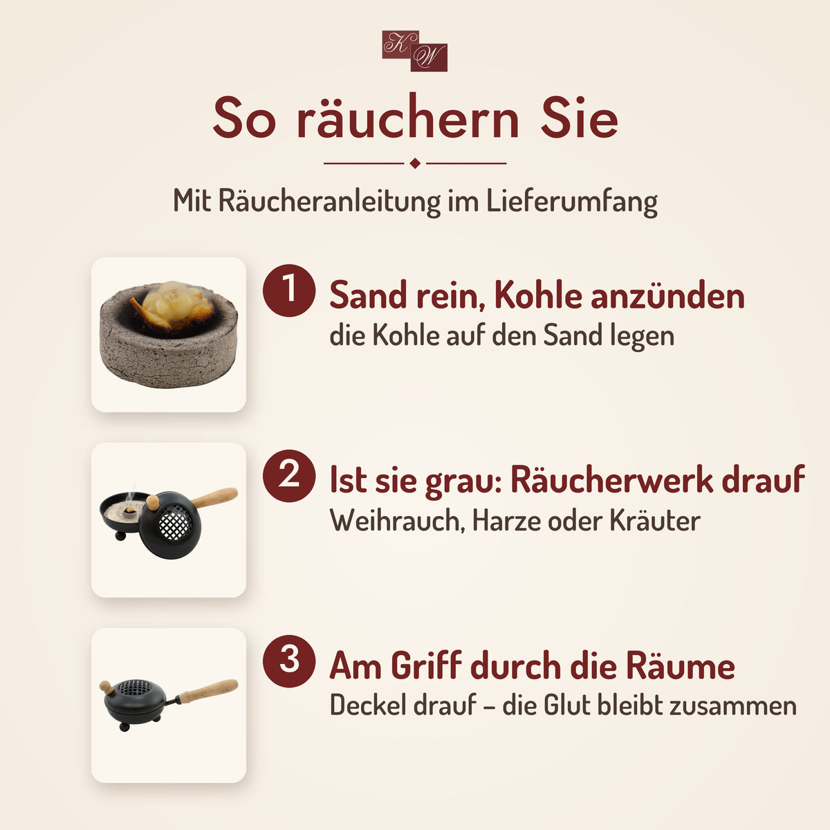 Räucherpfanne aus Metall mit Holzgriff – so räuchern Sie: Sand und Kohle einfüllen, Räucherwerk auflegen, am Griff durch die Räume tragen