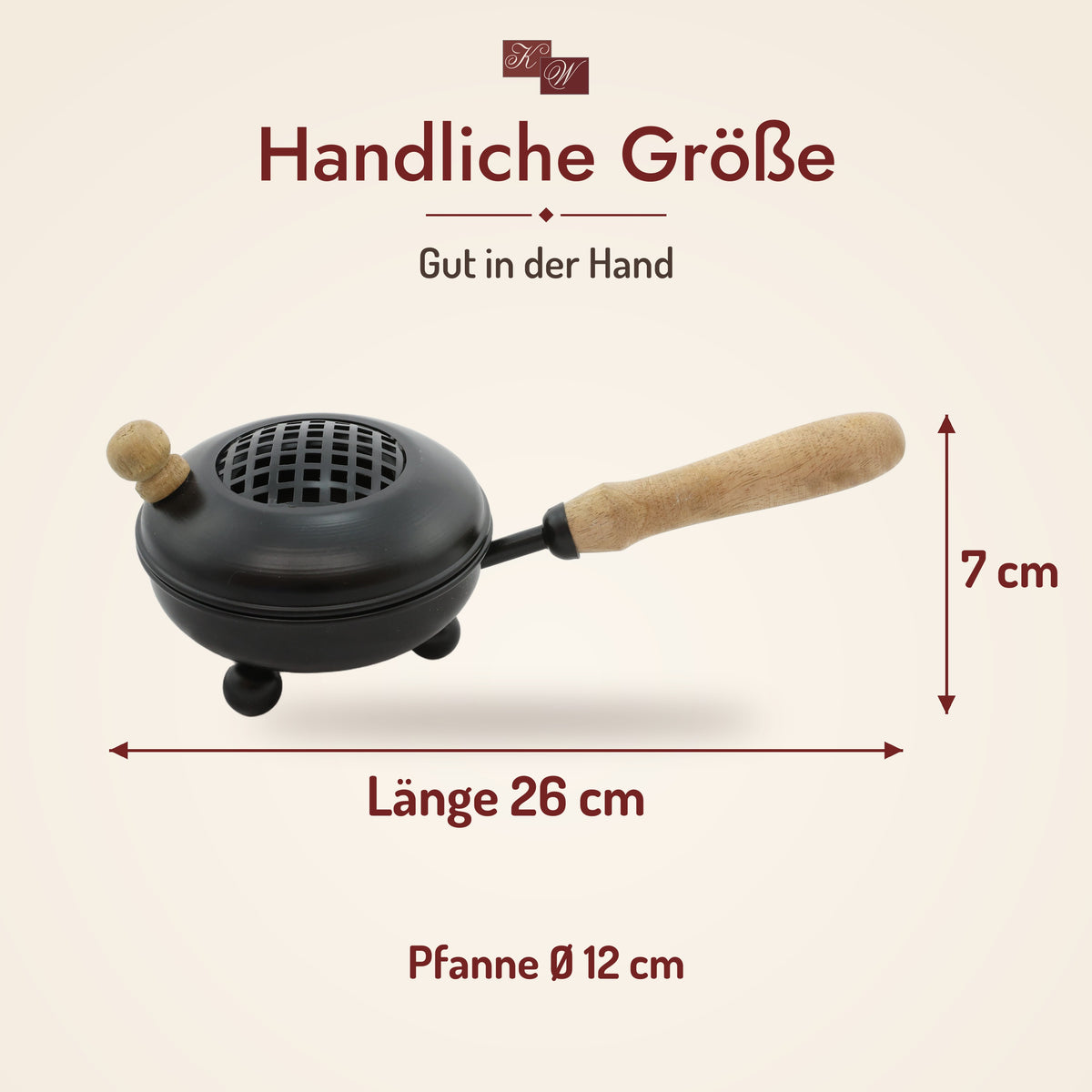Räucherpfanne aus Metall mit Holzgriff – Größe: Ø 12 cm, Höhe 7 cm, Länge 26 cm