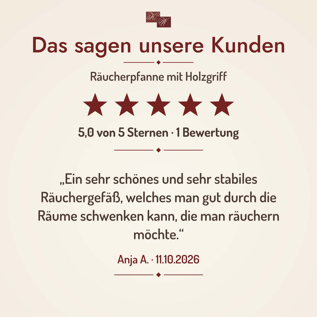 Räucherpfanne aus Metall mit Holzgriff – Kundenstimme mit Sternebewertung