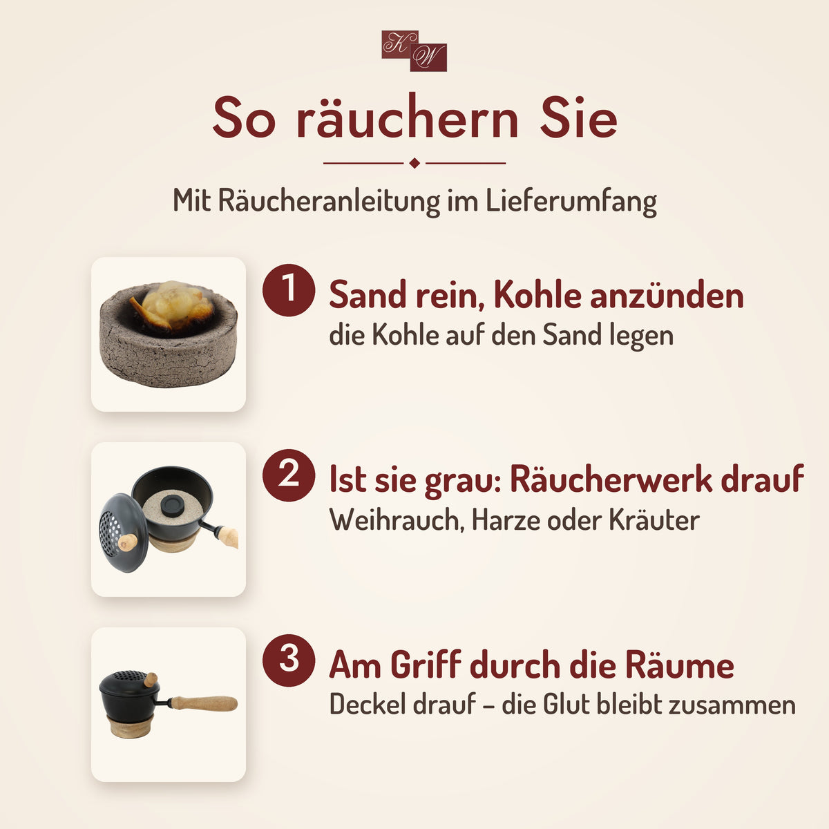 Räucherpfanne Thomasya aus Metall und Mangoholz – so räuchern Sie: Sand und Kohle einfüllen, Räucherwerk auflegen, am Griff durch die Räume tragen