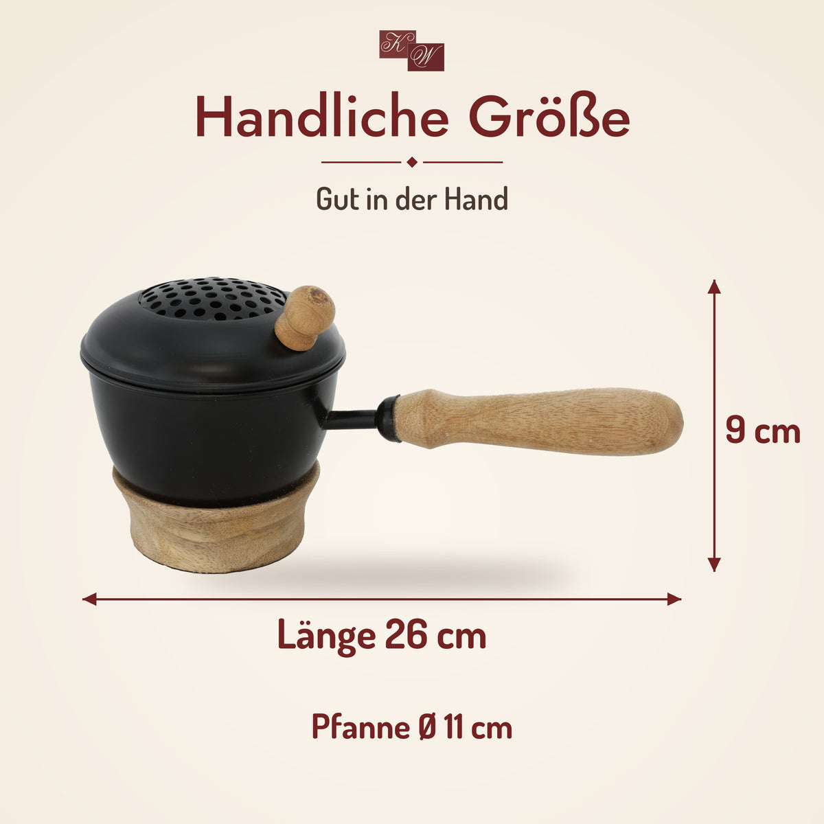 Räucherpfanne Thomasya aus Metall und Mangoholz – Größe: Ø 11 cm, Höhe 9 cm, Länge 26 cm